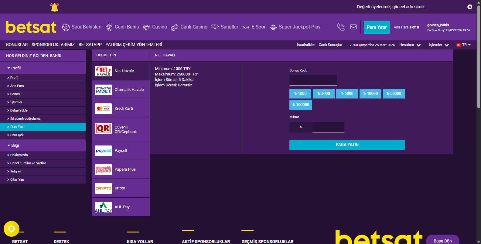 Betsat Havale ile Yatırım ve Bonus